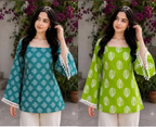 Stylish Cotton Printed Short Kurti Combo of 2 | Square Neck & Bell Sleeves Short Tops for Women & Girls