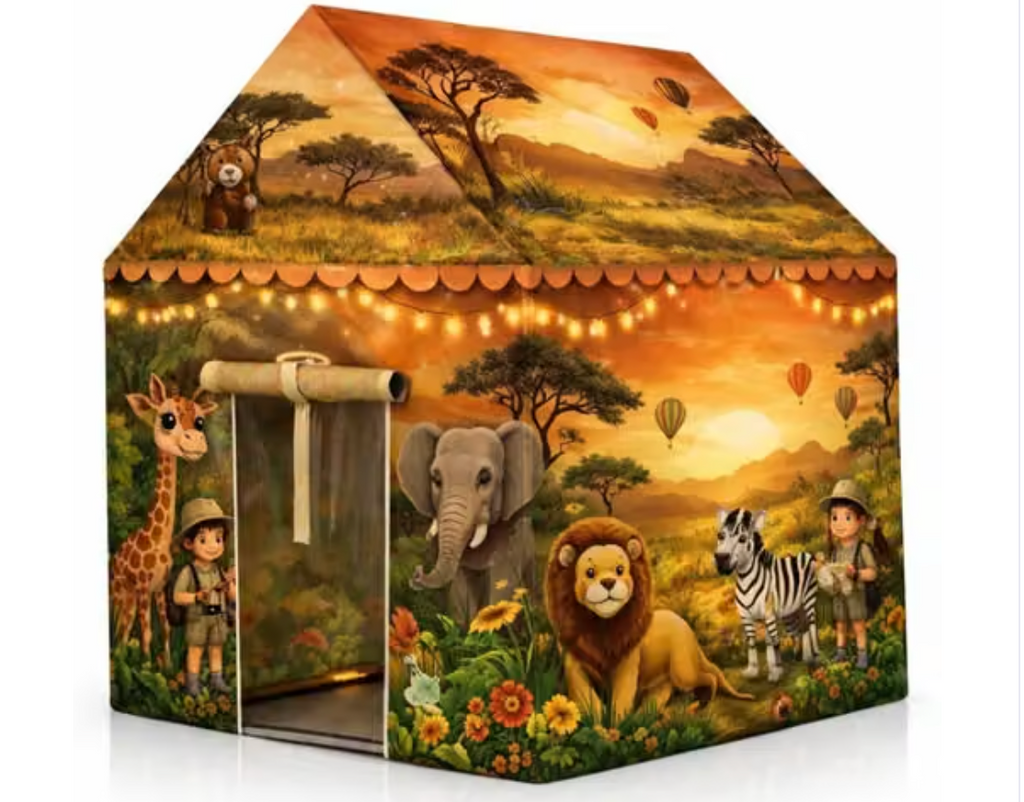SafariNest Z-02™ – Colorful Kids Play Tent House for Boys & Girls Ages 3–10 | Lightweight Foldable Indoor & Outdoor Playhouse | Safari Zoo Theme Activity Tent | Kids Toy & Gift
