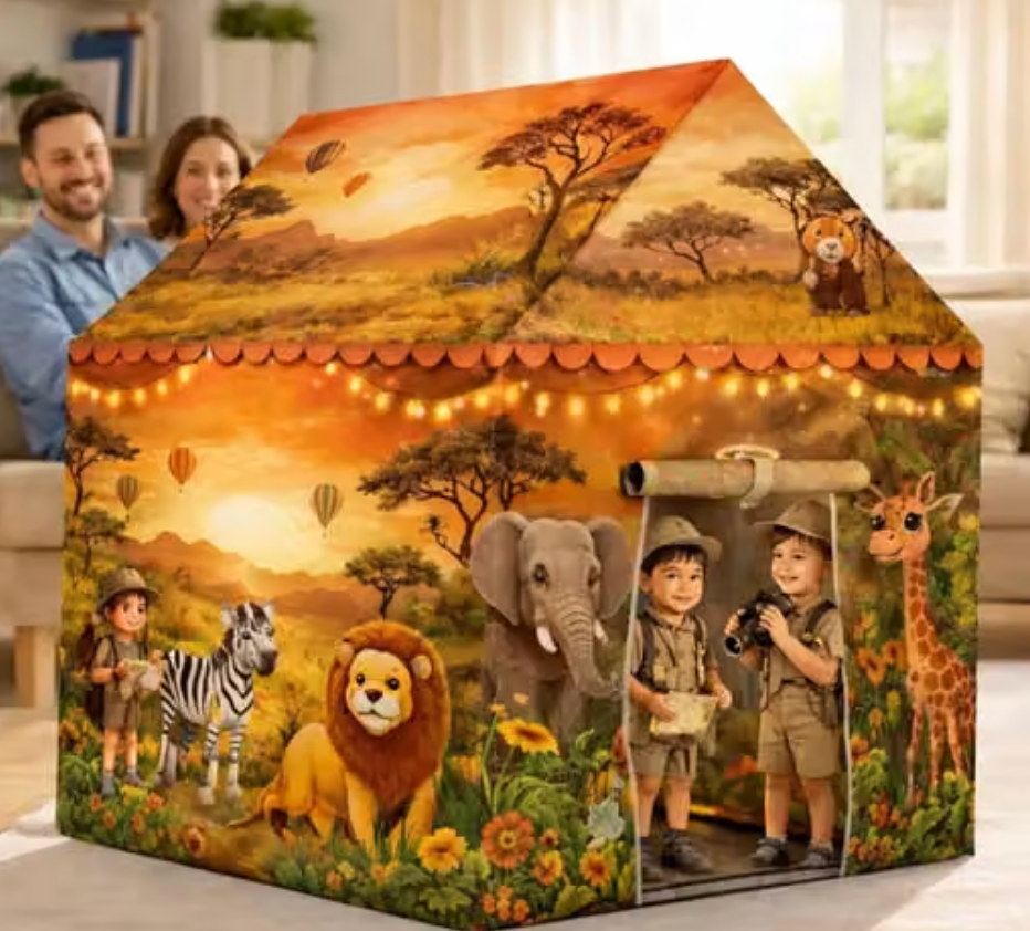 SafariNest Z-02™ – Colorful Kids Play Tent House for Boys & Girls Ages 3–10 | Lightweight Foldable Indoor & Outdoor Playhouse | Safari Zoo Theme Activity Tent | Kids Toy & Gift