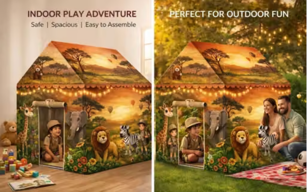 SafariNest Z-02™ – Colorful Kids Play Tent House for Boys & Girls Ages 3–10 | Lightweight Foldable Indoor & Outdoor Playhouse | Safari Zoo Theme Activity Tent | Kids Toy & Gift
