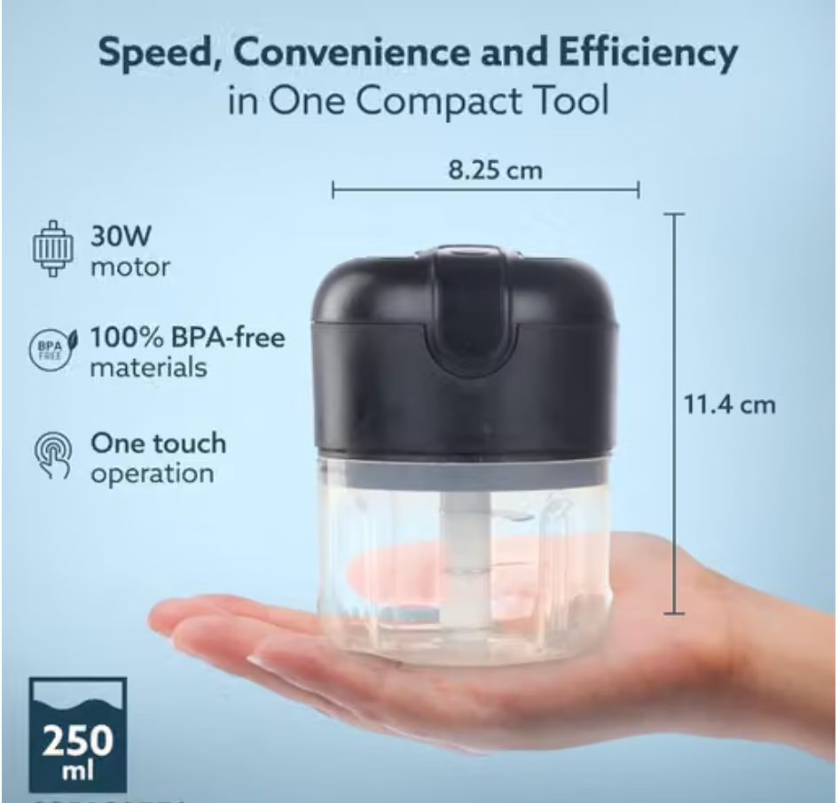 Rechargeable Mini Electric Chopper 250ML | Vegetable, Onion & Garlic Cutter | Stainless Steel Blade Kitchen Chopper for Quick Food Preparation | Compact Portable Food Processor – KENISH MART