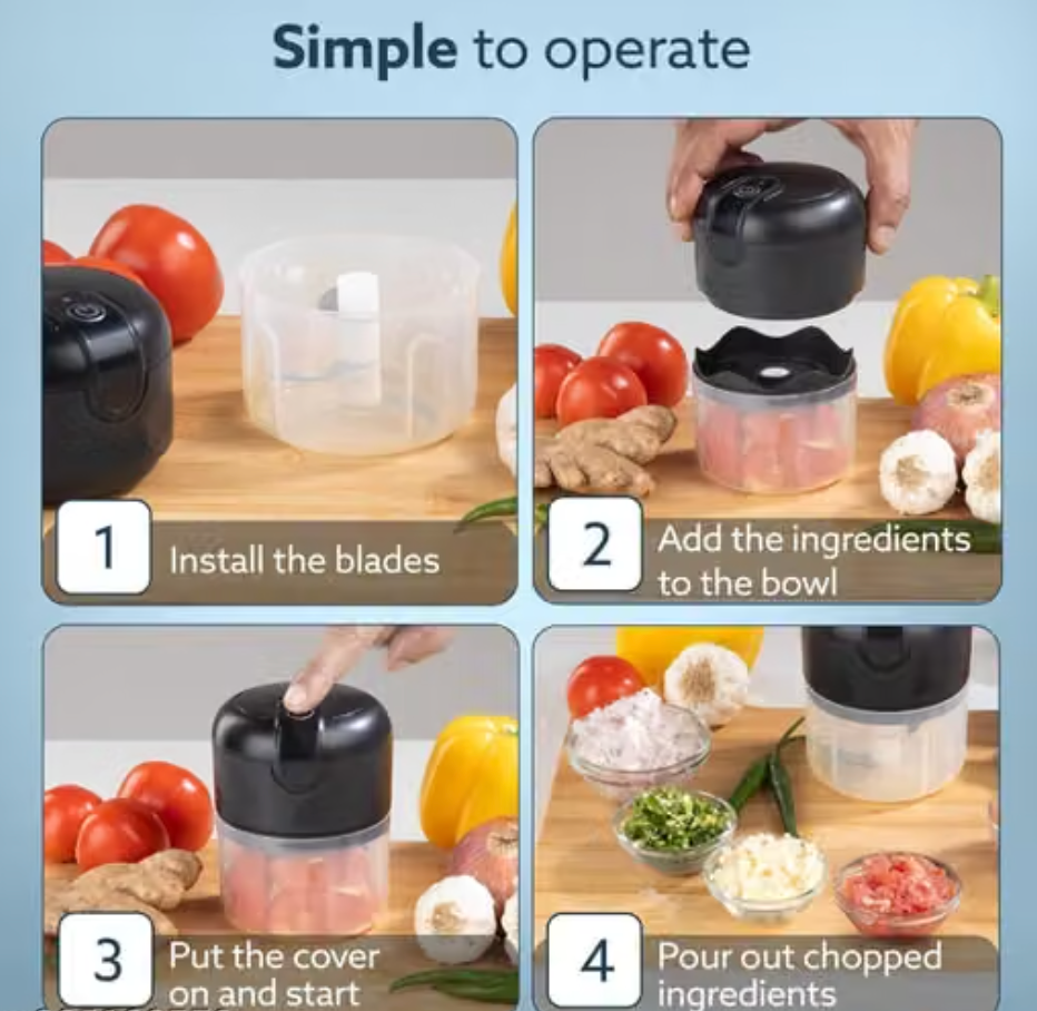 Rechargeable Mini Electric Chopper 250ML | Vegetable, Onion & Garlic Cutter | Stainless Steel Blade Kitchen Chopper for Quick Food Preparation | Compact Portable Food Processor – KENISH MART
