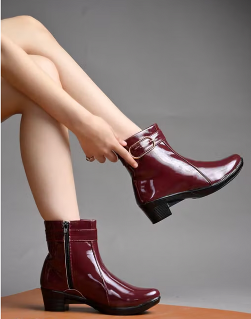 **Women's Cherry Gloss Patent Leather Ankle Boots with Buckle**