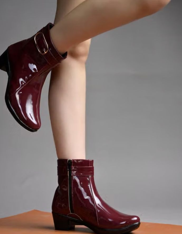 **Women's Cherry Gloss Patent Leather Ankle Boots with Buckle**