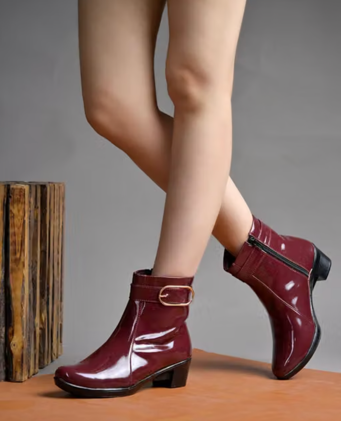 **Women's Cherry Gloss Patent Leather Ankle Boots with Buckle**