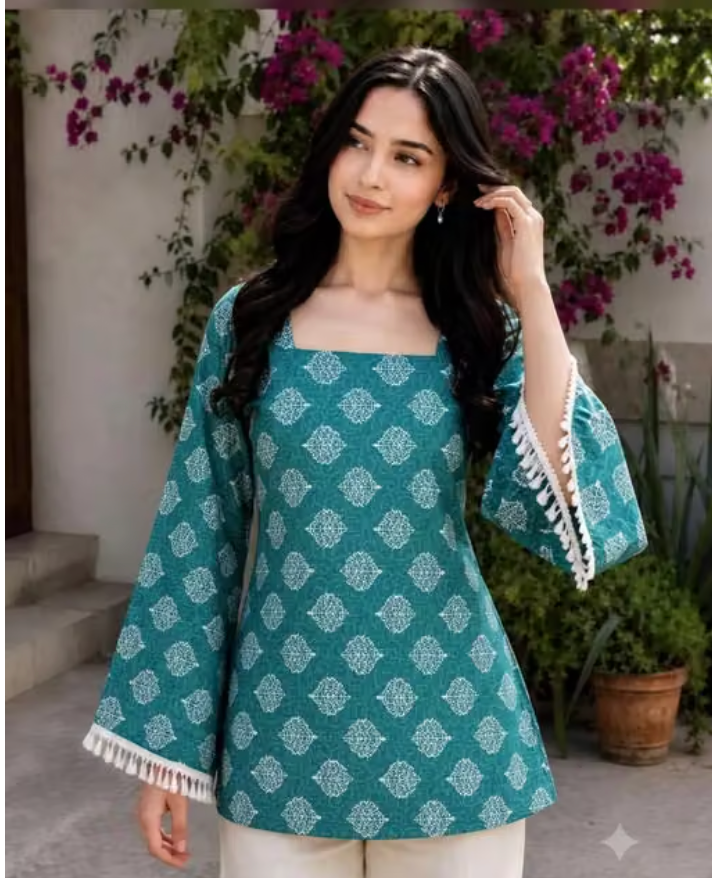 Stylish Cotton Printed Short Kurti Combo of 2 | Square Neck & Bell Sleeves Short Tops for Women & Girls