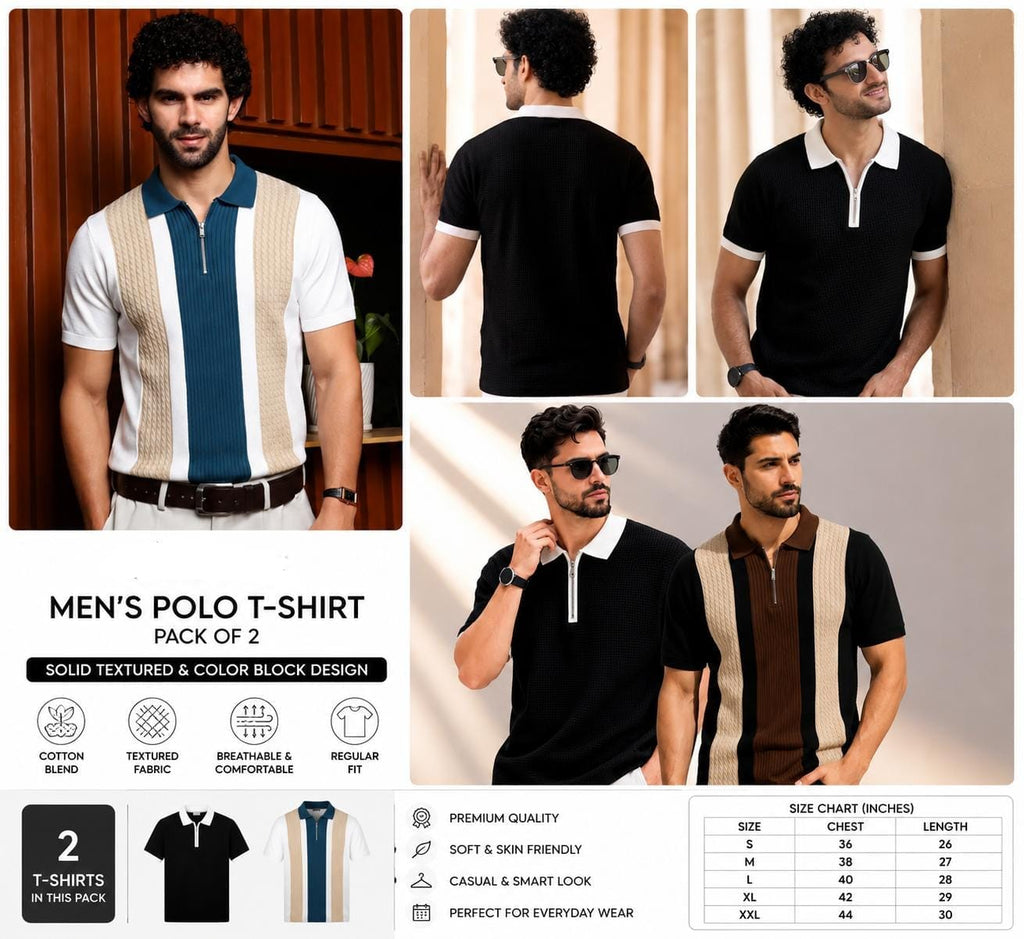 GESPO Men's Polo T Shirt – Solid Textured & Color Block Design, Pack of 2