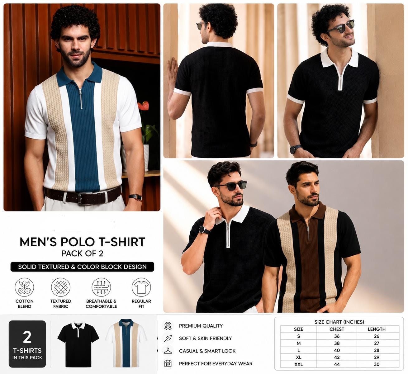 GESPO Men's Polo T Shirt – Solid Textured & Color Block Design, Pack of 2