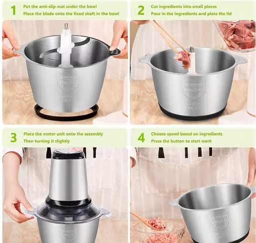 Assembly steps for the stainless steel electric chopper bowl and motor