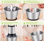 Assembly steps for the stainless steel electric chopper bowl and motor