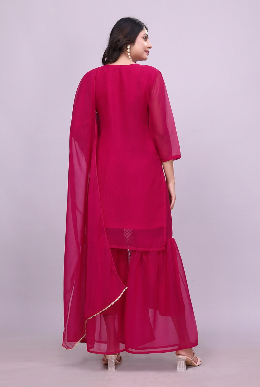 Pink georgette kurta sharara set back view