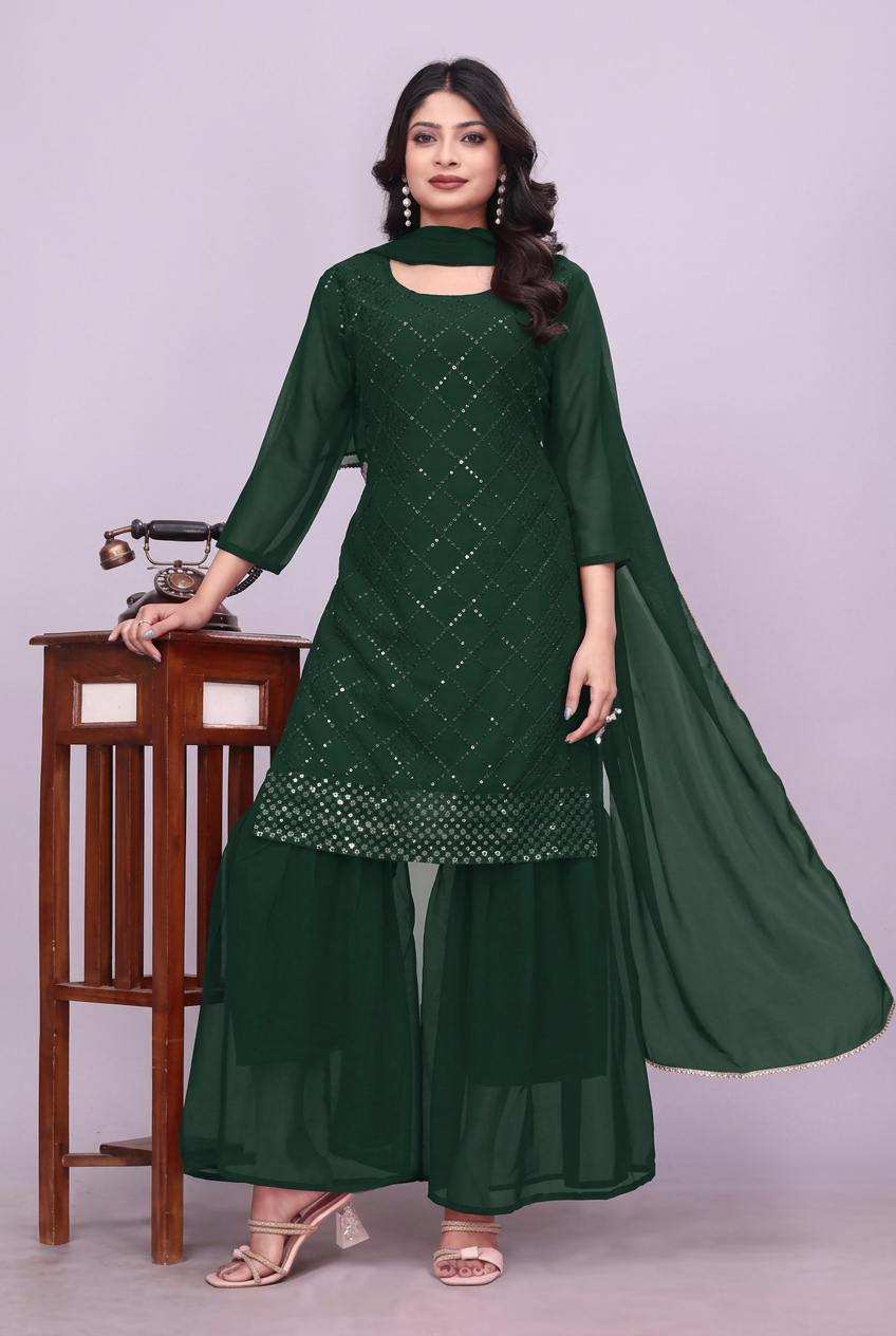 Dark green georgette kurta sharara set with dupatta