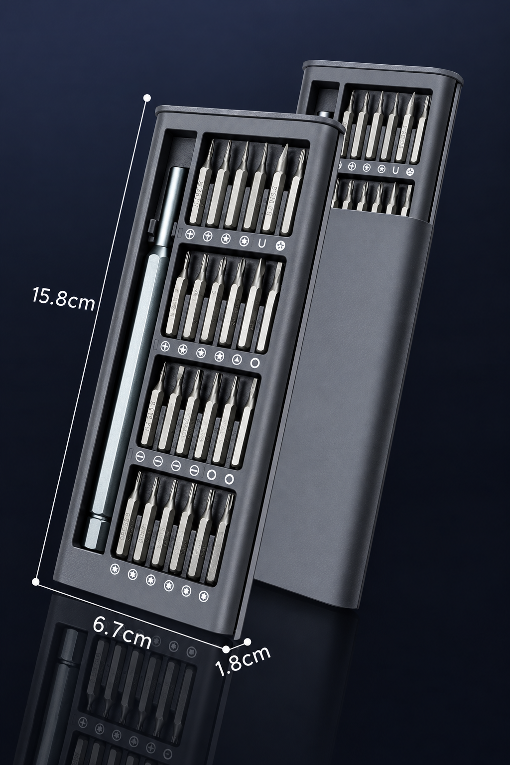 Precision screwdriver handle and 24 bits in a dark storage case, with 15.8 by 6.7 by 1.8 cm dimensions shown