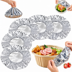 Silver aluminium foil bowl covers with gathered elastic rims, shown individually and being fitted over bowls