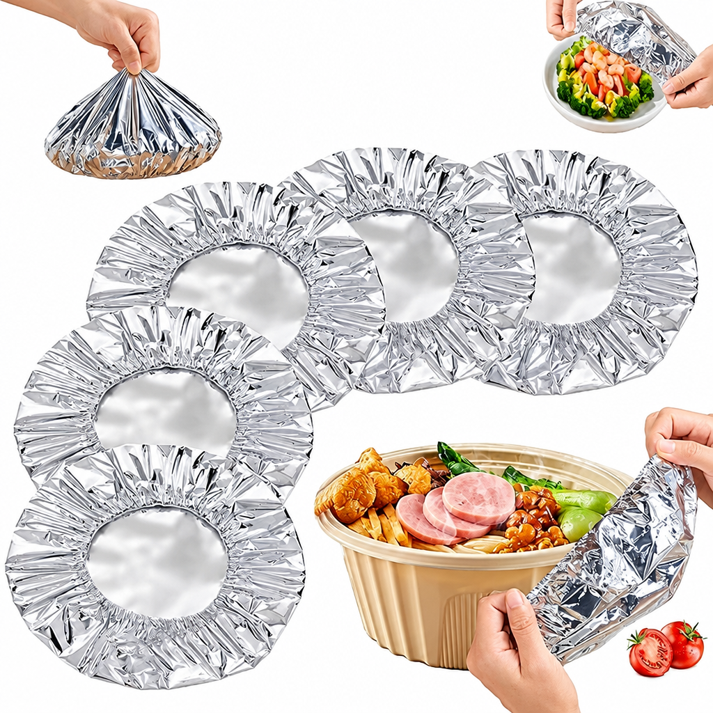 Silver aluminium foil bowl covers with gathered elastic rims, shown individually and being fitted over bowls