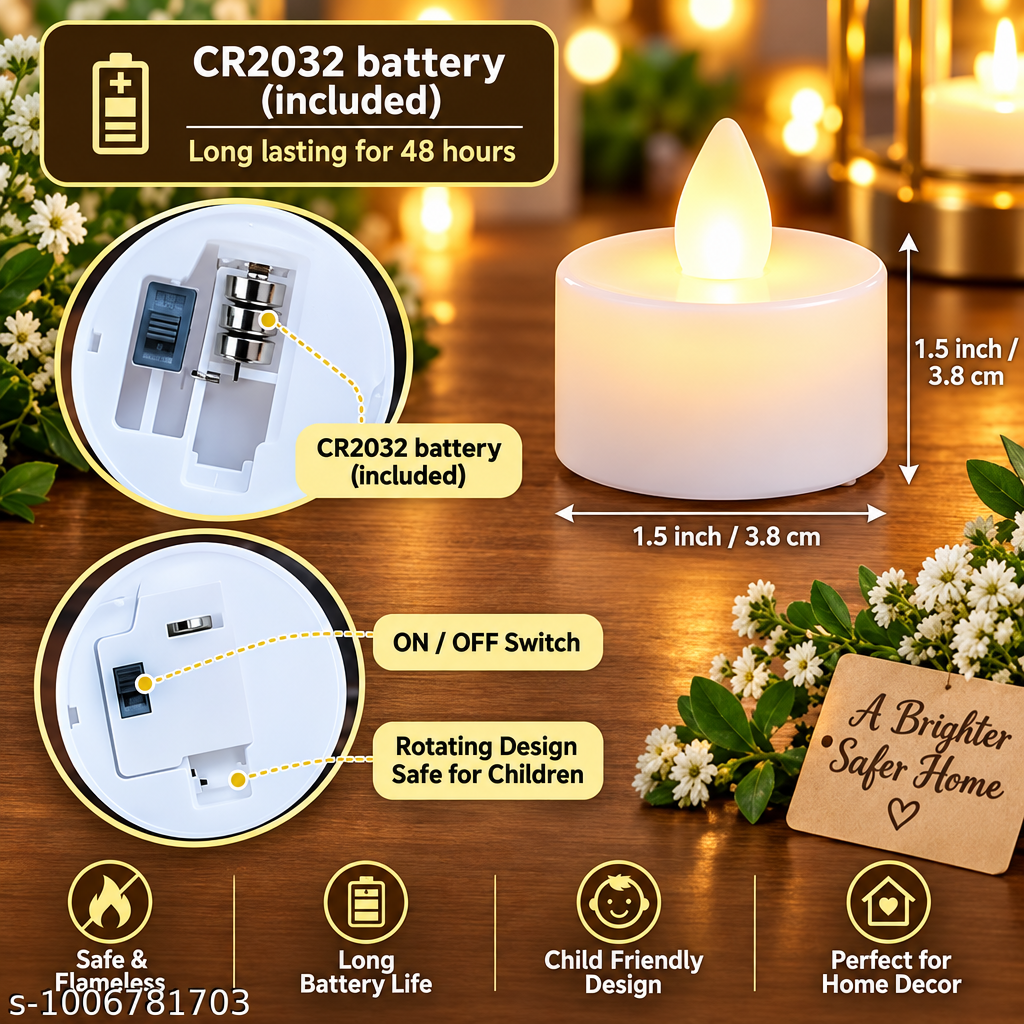 HD LED tealight candle details: CR2032 battery included, on/off switch, 3.8 cm size