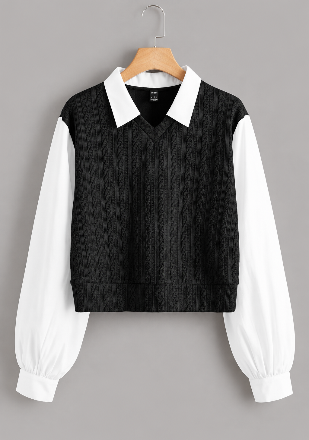 Black jacquard Korean-style top with white collar and long cuffed white sleeves