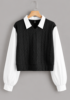 Black jacquard Korean-style top with white collar and long cuffed white sleeves