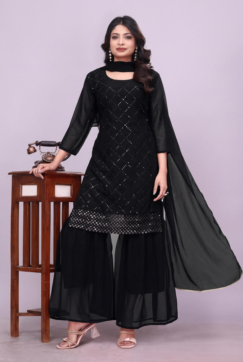 Black georgette kurta sharara set with dupatta