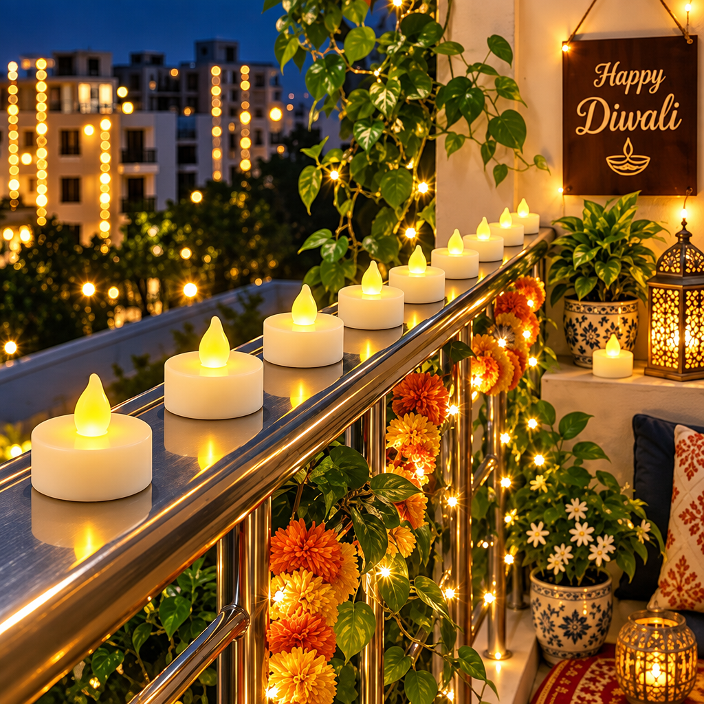 HD pack of 12 flameless LED tealight candles on a Diwali-decorated balcony railing