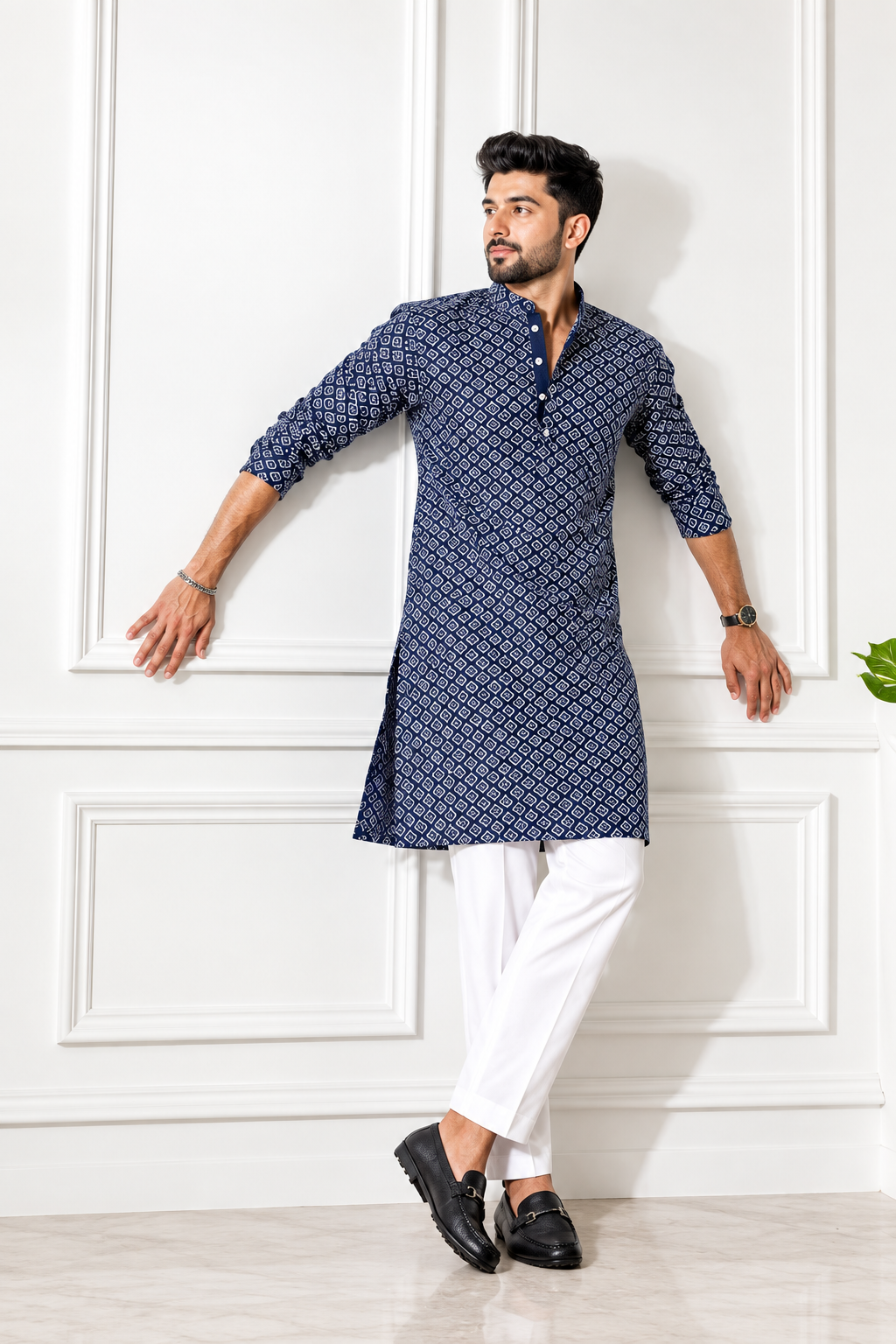 Model wearing CELLUX purple embroidered kurta with white pyjama