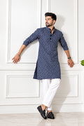 Model wearing CELLUX purple embroidered kurta with white pyjama