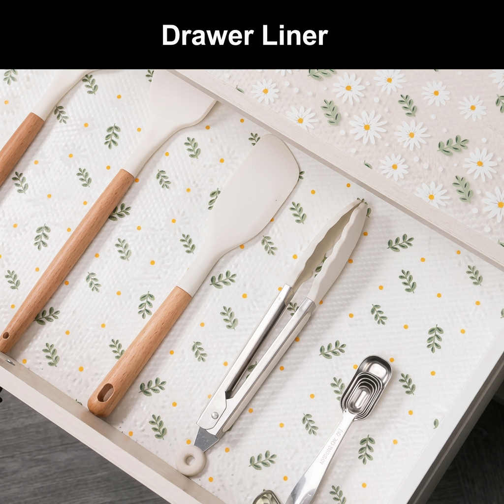 Green flower PVC liner in a kitchen drawer