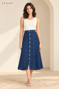 Blue button-front denim midi skirt, front view