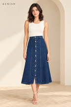 Blue button-front denim midi skirt, front view