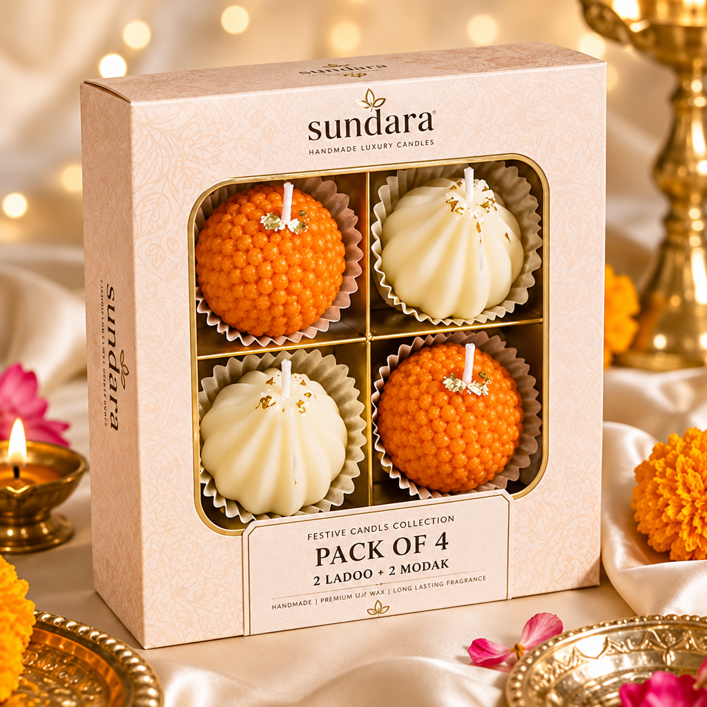 Gift box with two orange ladoo and two cream modak candles