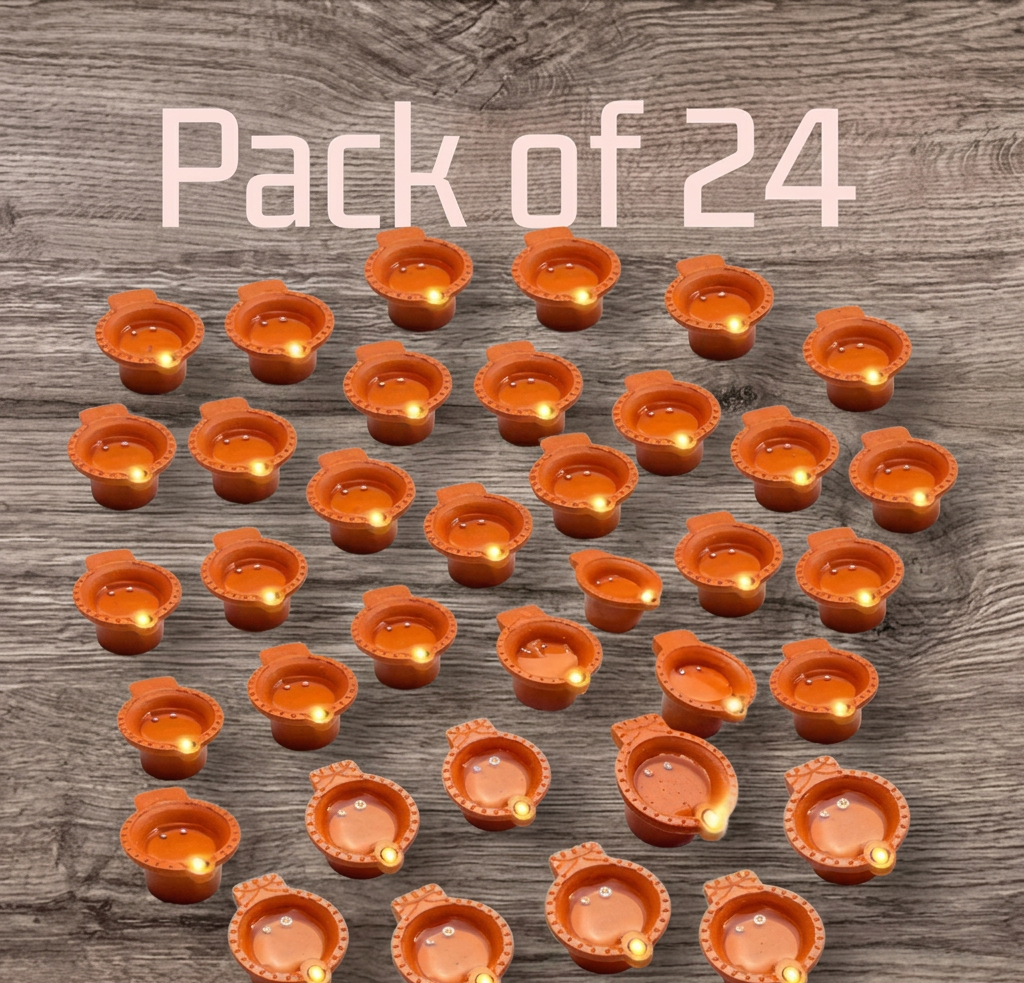Brown water sensor LED diyas with warm orange-yellow lights, pack of 24