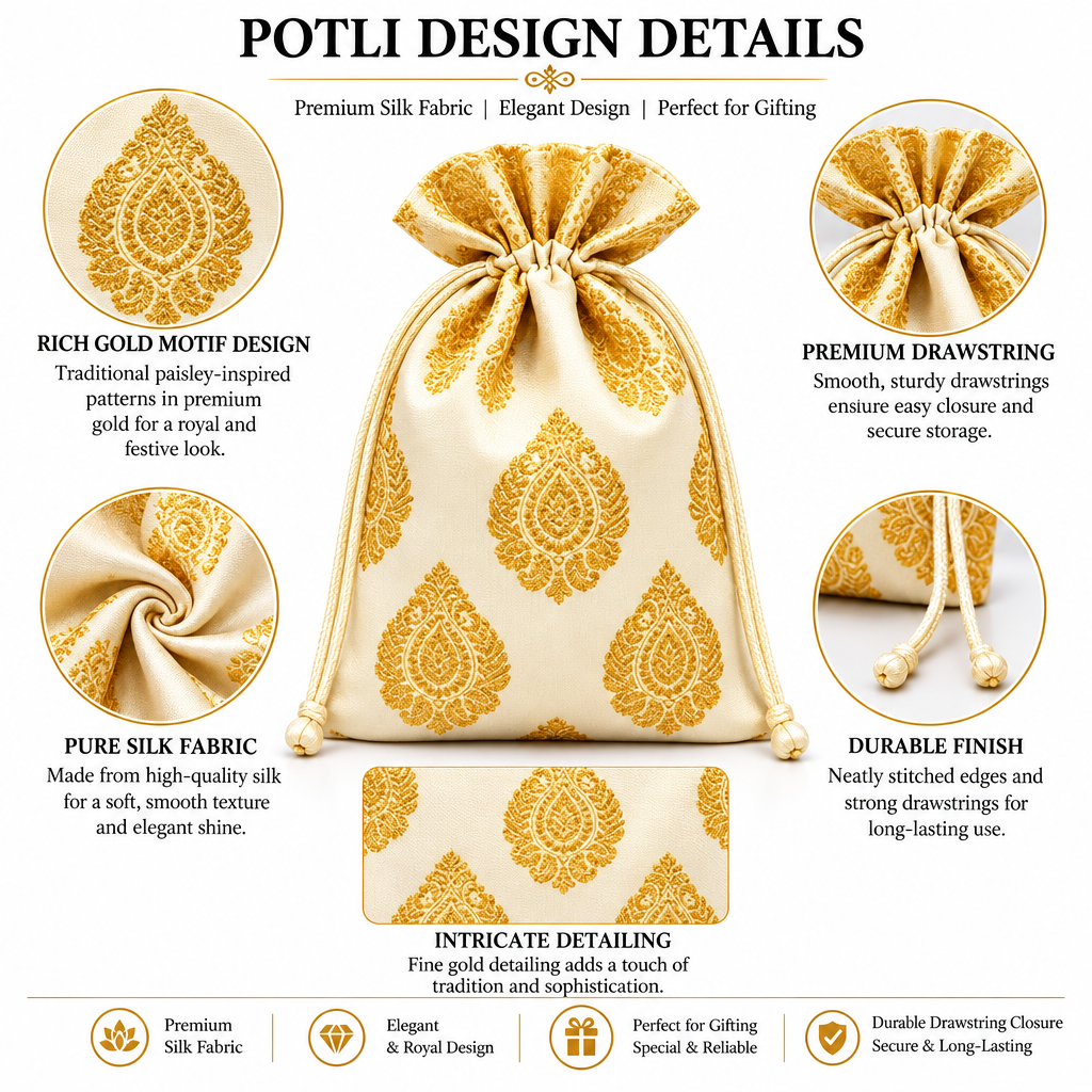 Potli design details, cream fabric drawstring pouch with gold motifs