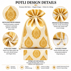 Potli design details, cream fabric drawstring pouch with gold motifs