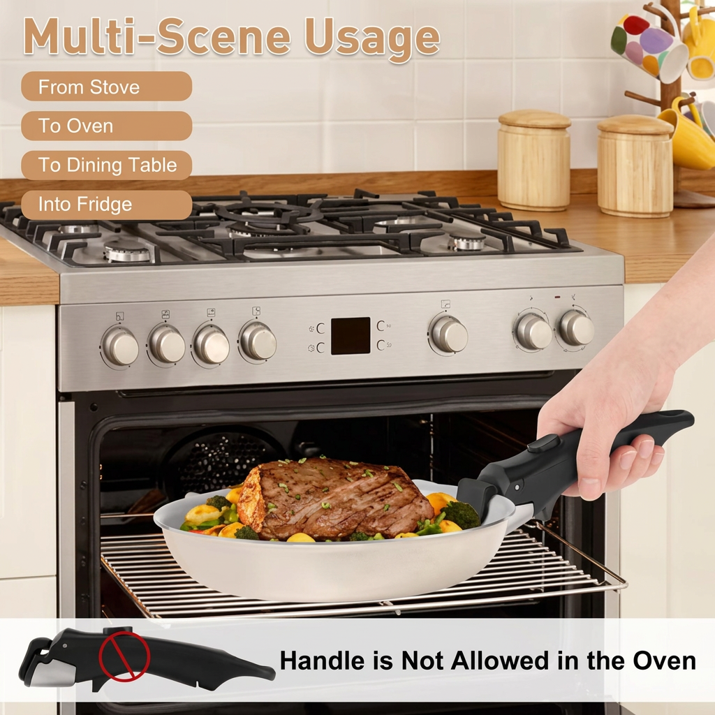 Detachable handle usage with warning not to place the handle in the oven