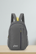 Grey backpack with vertical front zip, side mesh pockets, printed logo and yellow top loop