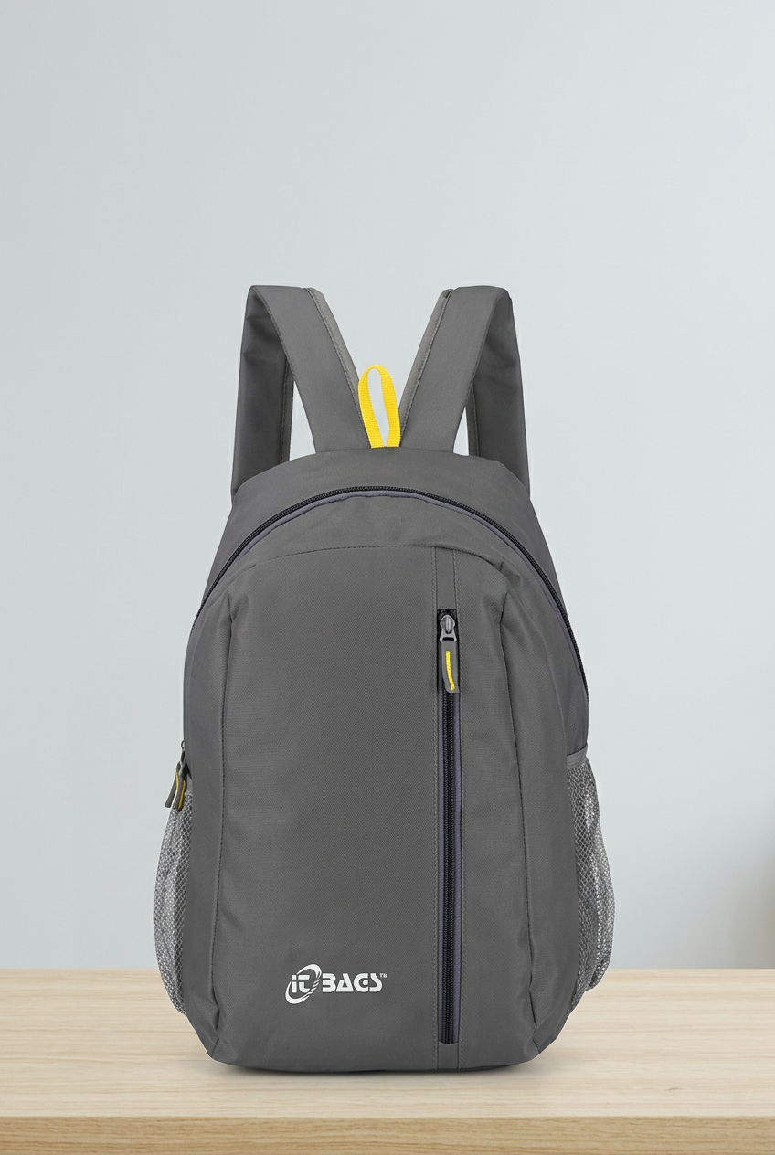 Grey backpack with vertical front zip, side mesh pockets, printed logo and yellow top loop