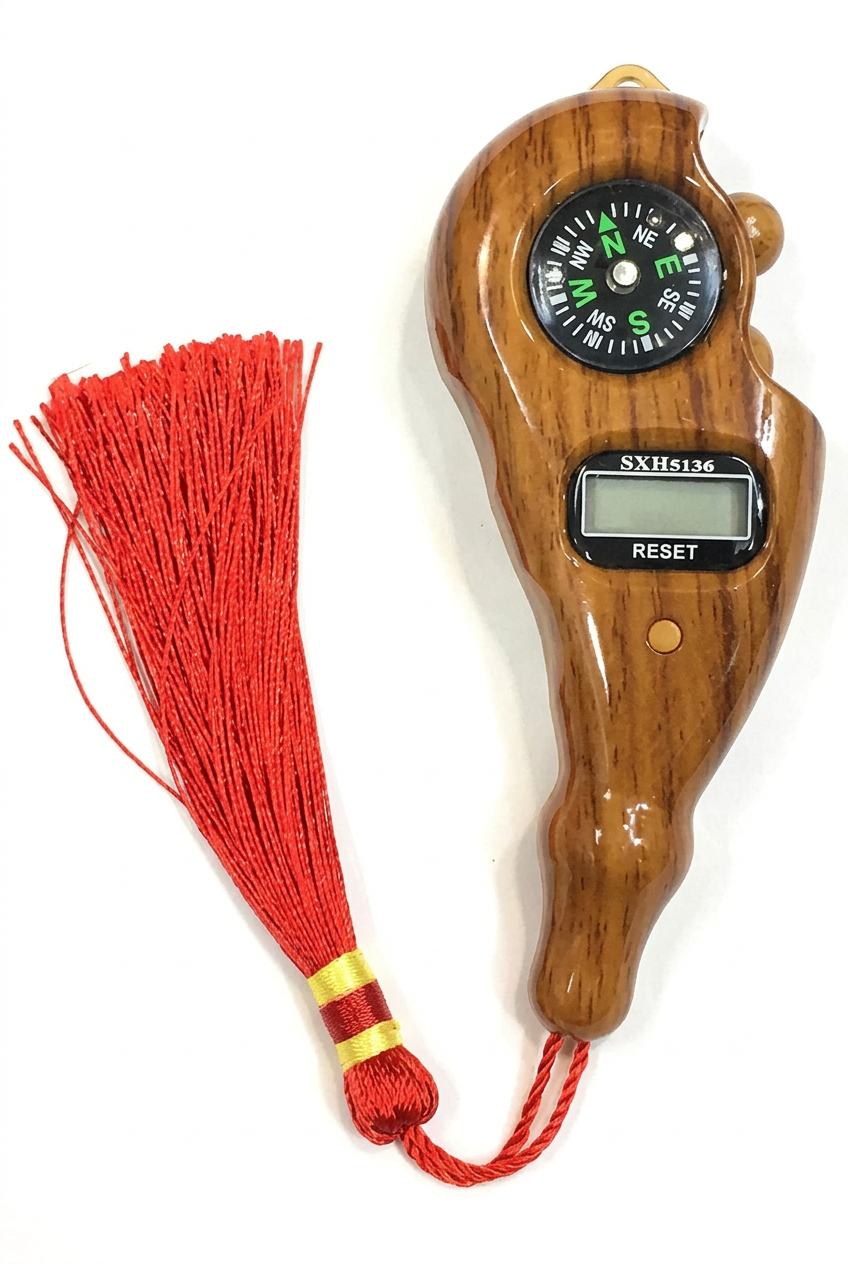 Brown wood-grain style handheld digital japa counter with front dial, reset display and red tassel