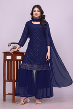 Navy blue georgette kurta sharara set with dupatta