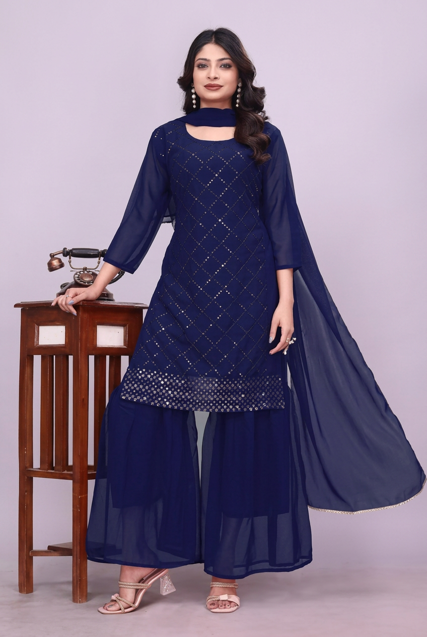 Navy blue georgette kurta sharara set with dupatta