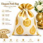 Cream and gold potli bag detail and gifting occasion image