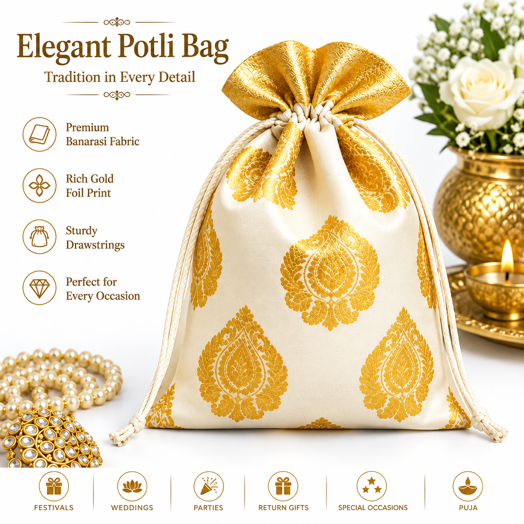 Cream and gold potli bag detail and gifting occasion image