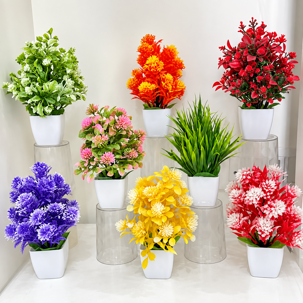 Multicolour artificial plants in white pots on display stands