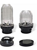 Two transparent bullet mixer jars with black blade bases and lids