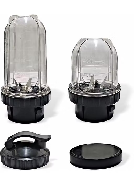 Two transparent bullet mixer jars with black blade bases and lids
