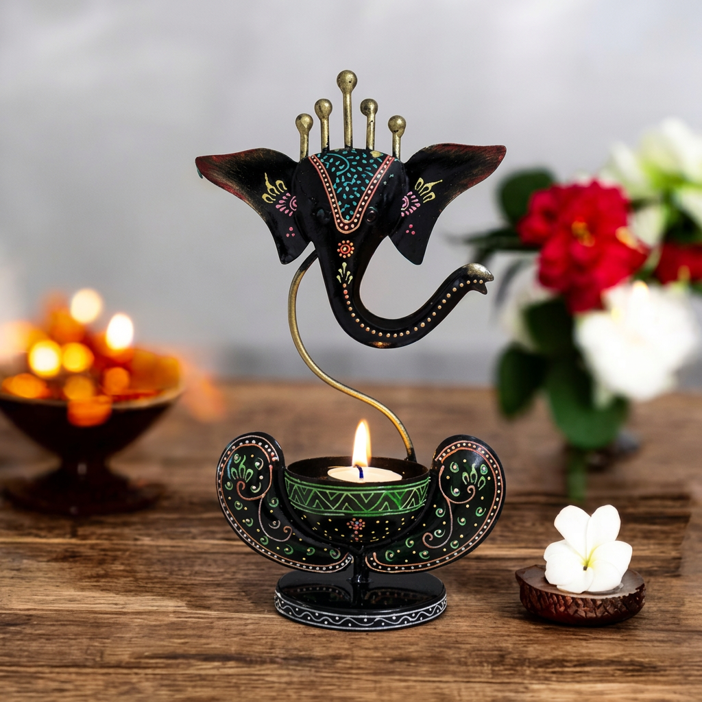 Ganesha tealight candle holder on a tabletop