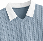 Close-up of blue jacquard texture and white collar