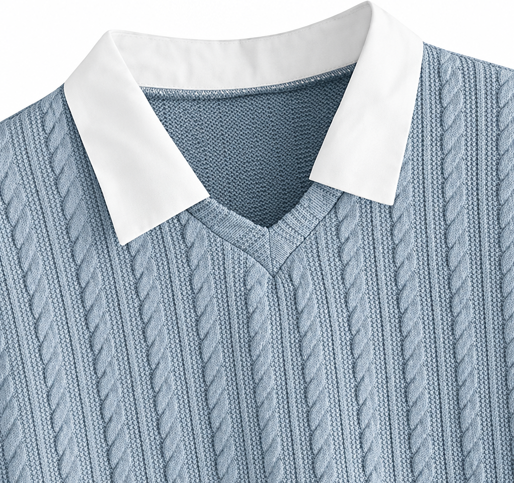Close-up of blue jacquard texture and white collar