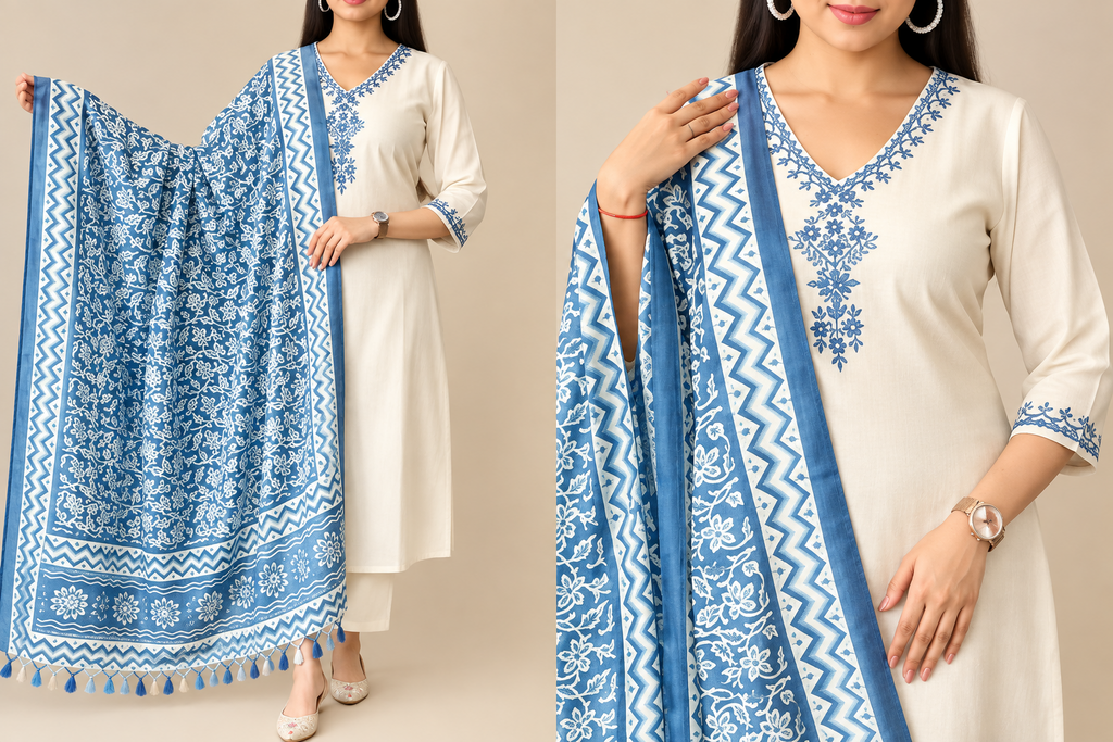 Front and full-length views of cream kurta set with blue dupatta