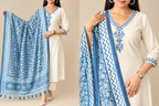 Front and full-length views of cream kurta set with blue dupatta
