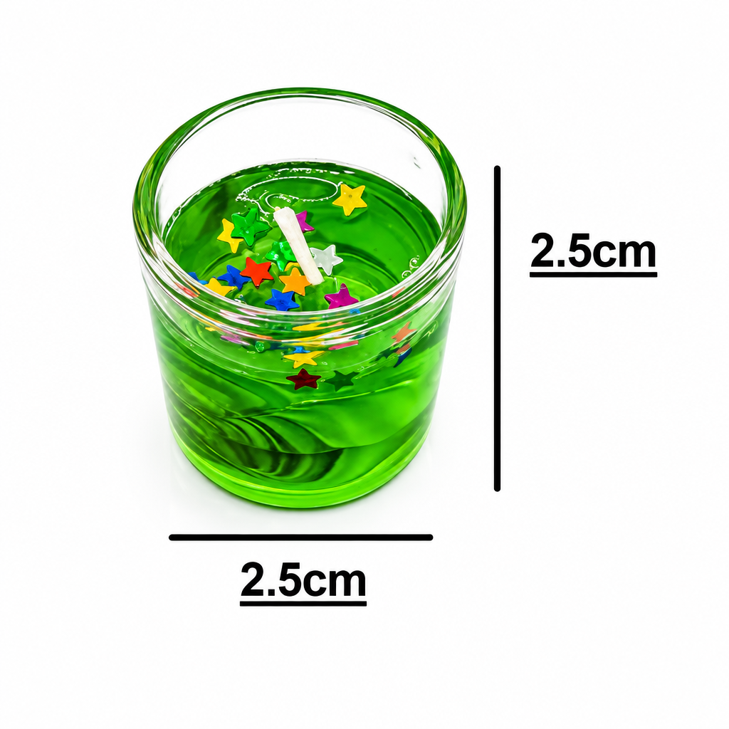 HD green jelly gel candle size reference showing 2.5 cm height and width